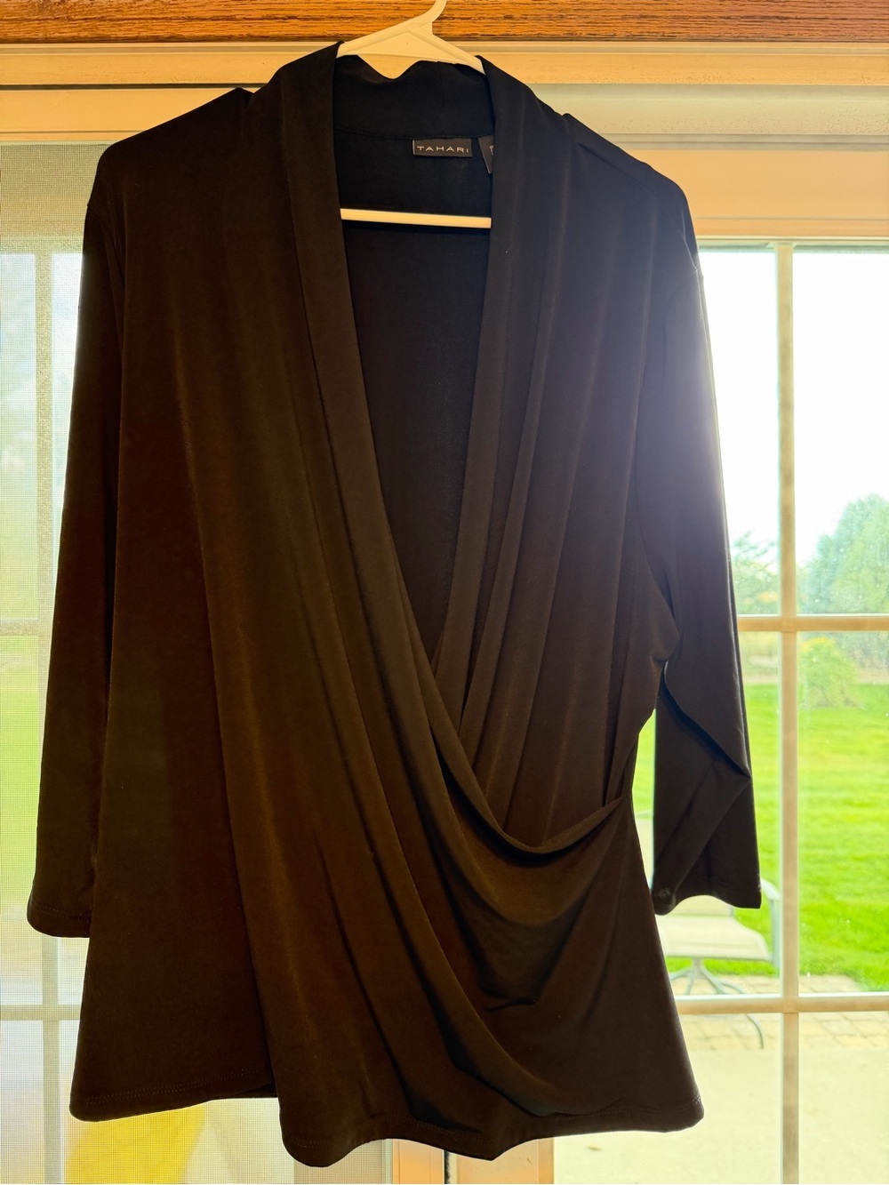 Tahari Black Draped Wrap-Front Top. B142
